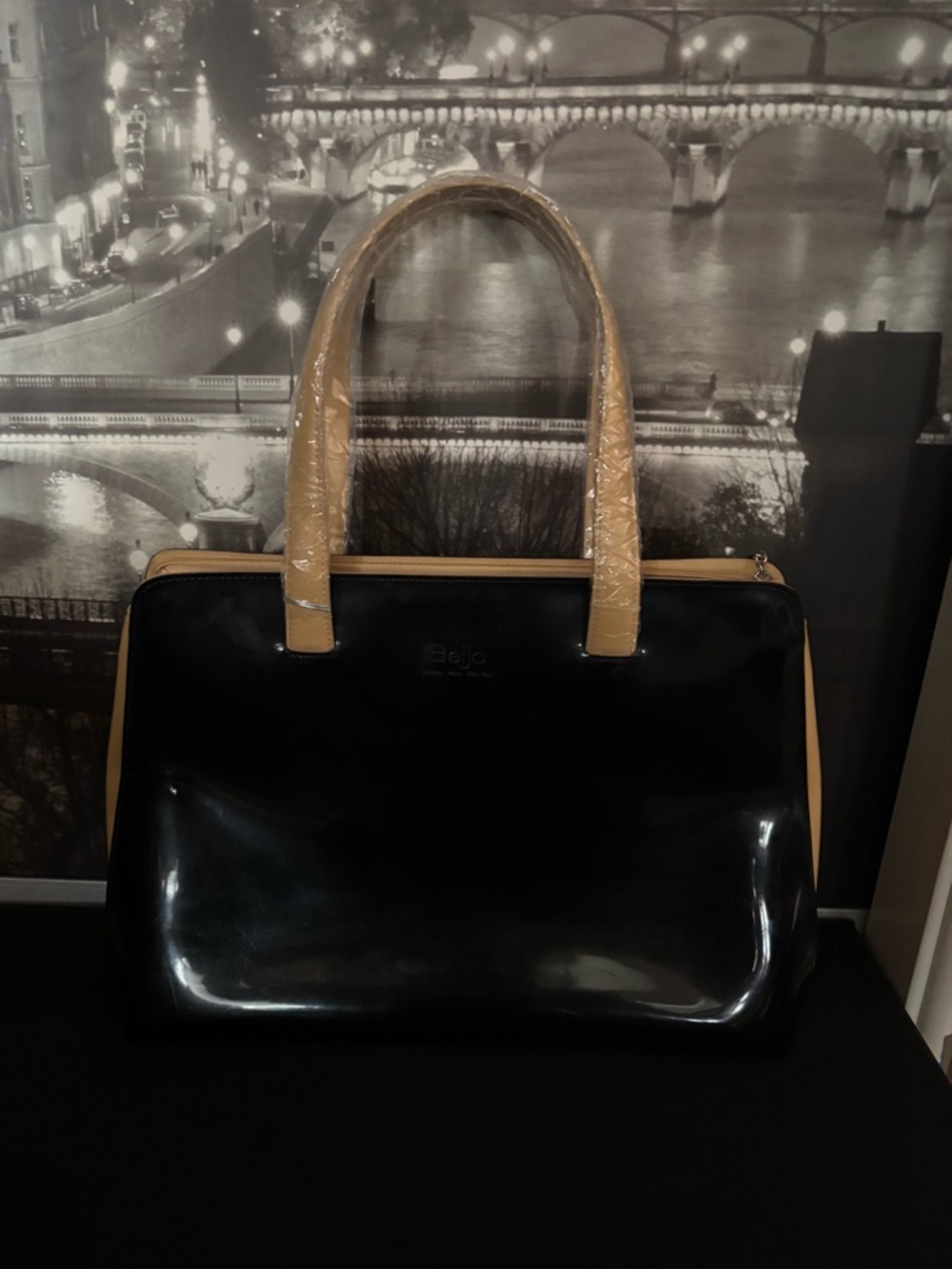Beijo Black Satchel tote with Tan Handles